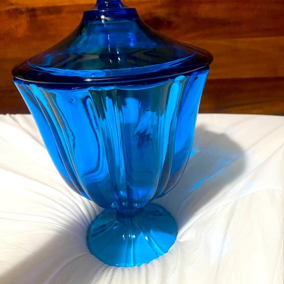Mid Century Art Glass Blue Pedestal Candy Jar - Picture 5 of 10